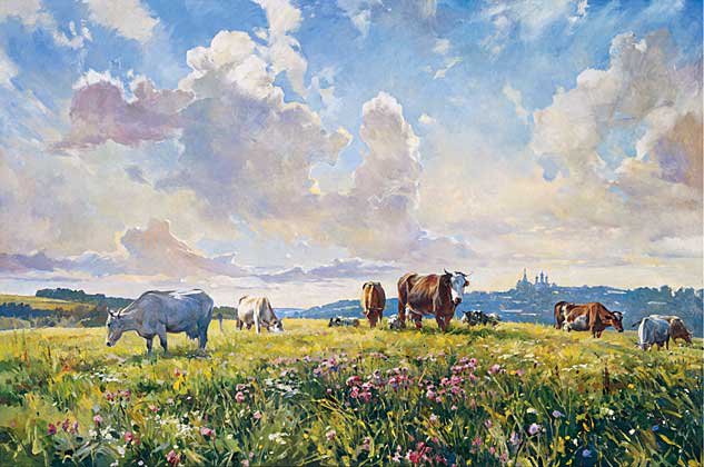 коровы на лугу - картина, животные, природа - оригинал