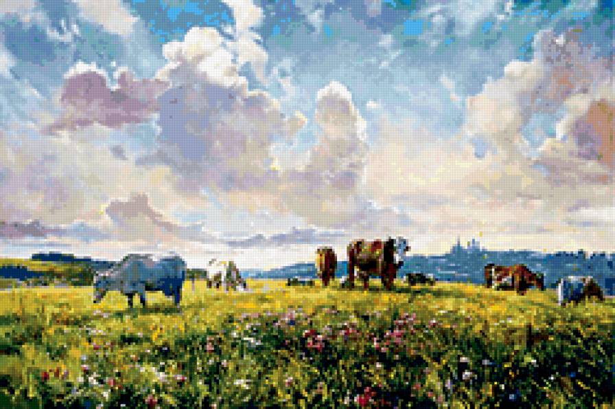 коровы на лугу - картина, животные, природа - предпросмотр