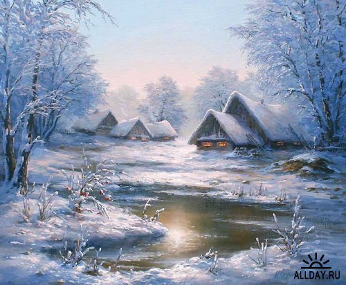 деревенька - вода, зима, снег, пруд - оригинал