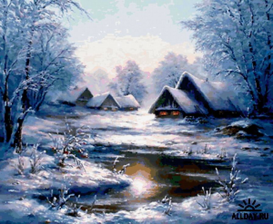 деревенька - зима, пруд, вода, снег - предпросмотр