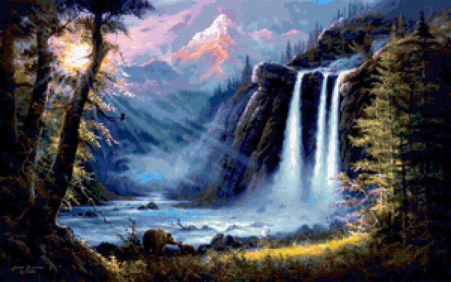 водопад - пейзаж, вода, горы, лес, природа - предпросмотр