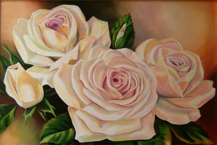 Кремовые розы - живопись, цветы, картина, розы, букет, роза, белые цветы - оригинал