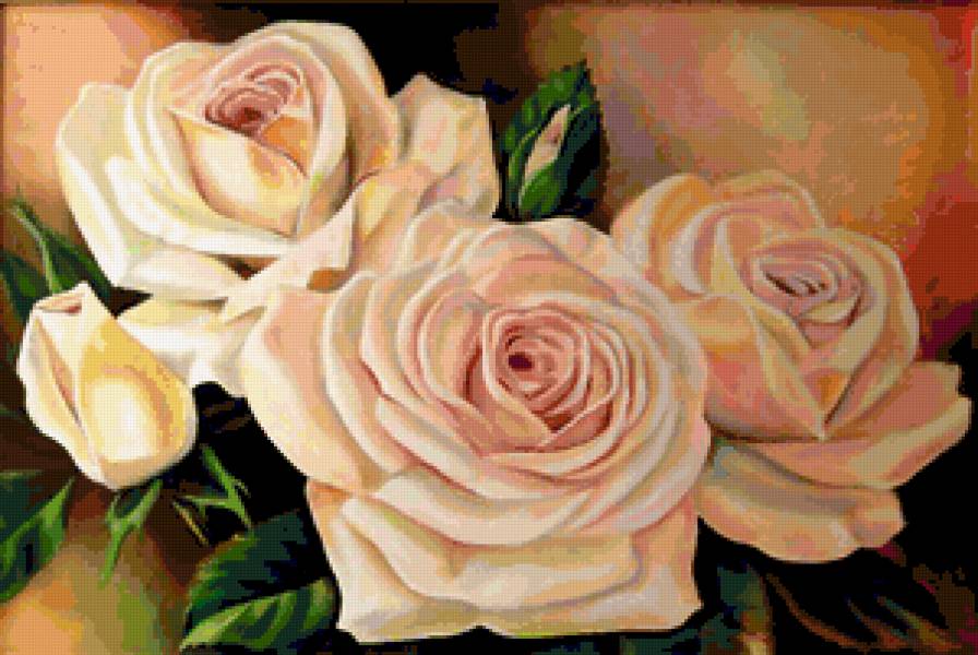 Кремовые розы - цветы, живопись, розы, роза, белые цветы, букет, картина - предпросмотр