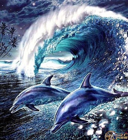 Дельфины - волна, море, дельфины - оригинал