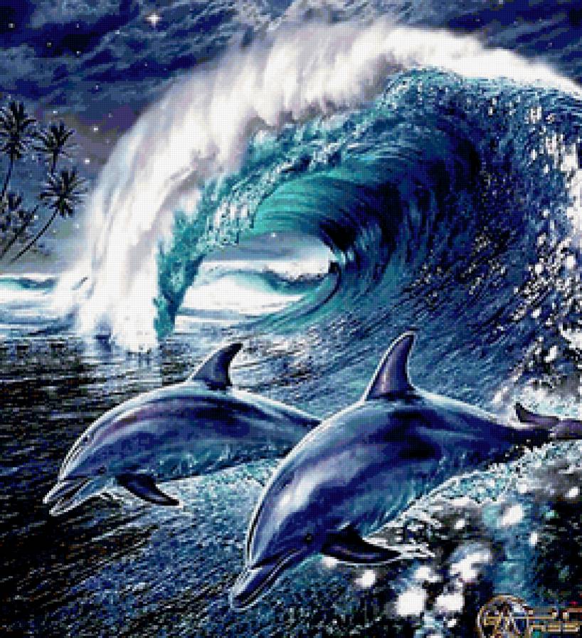 Дельфины - волна, дельфины, море - предпросмотр