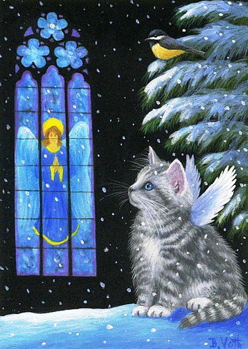 Кошка и ангел - ангел, рождество, зима, кошка, кошки, ангелочек, снег, животные - оригинал