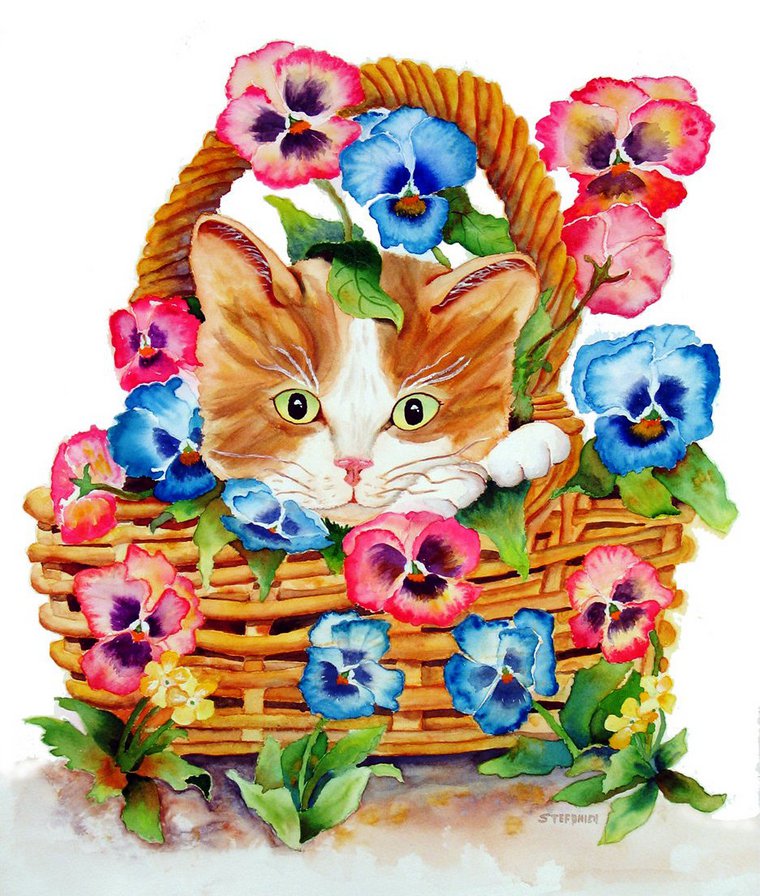 Кошка в лукошке - животные, лукошко. анютины глазки, кошка, кошки, котенок, цветы - оригинал