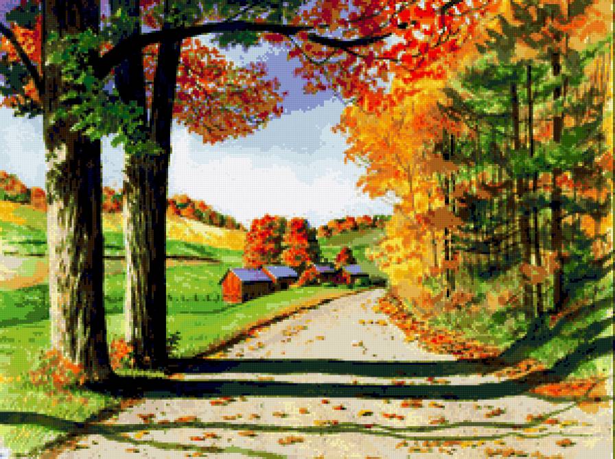 Осенняя дорога - пейзаж, дорога, солнце, природа, осень, листопад, живопись - предпросмотр