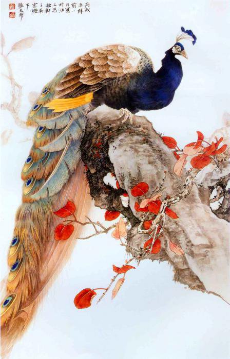 Павлин - китайская живопись, птицы, павлин, пастель - оригинал