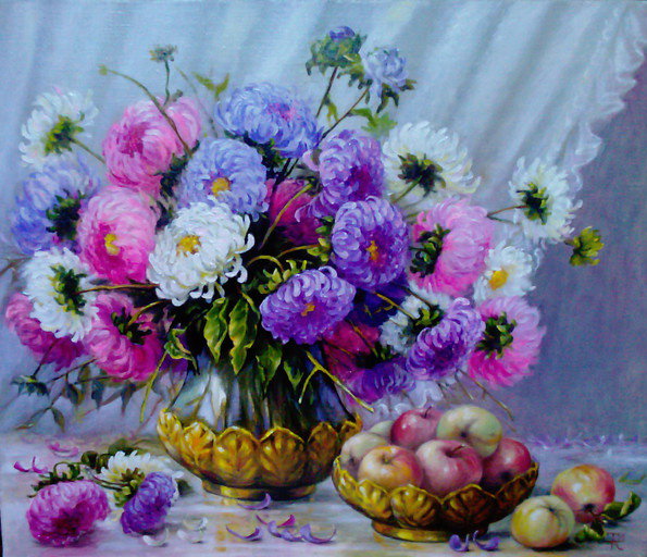 натюрморт - астры, цветы, яблоки, ваза - оригинал