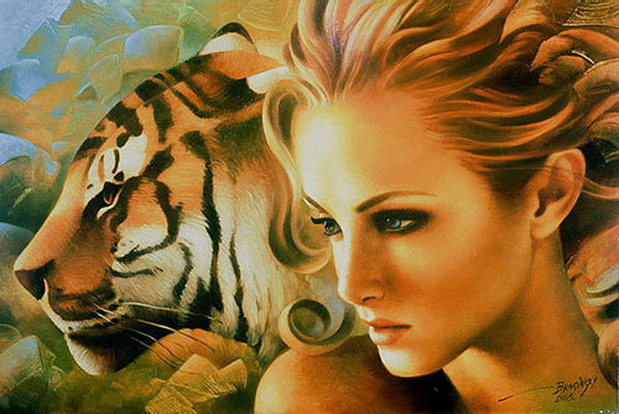 Артур Брагинский - ''Дуальность'' - взгляд, тигр, хищник, живопись, картина, девушка, брагинский, лицо - оригинал