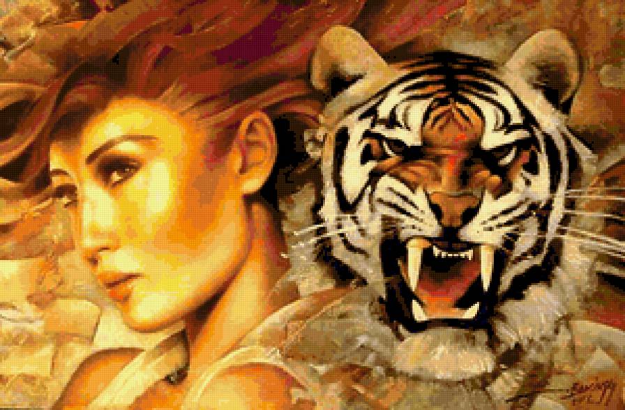 Артур Брагинский - ''Женщина и Тигр'' - тигр, лицо, хищник, взгляд, брагинский, девушка, живопись, картина - предпросмотр