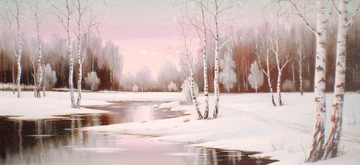 зима - зима, лес, картина, живопись, природа, береза, снег, река, пейзаж - оригинал
