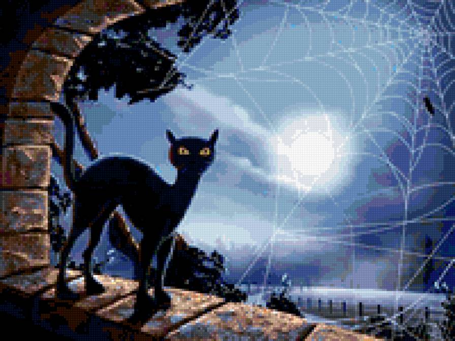 Черная кошка - луна, ночь, кошка - предпросмотр