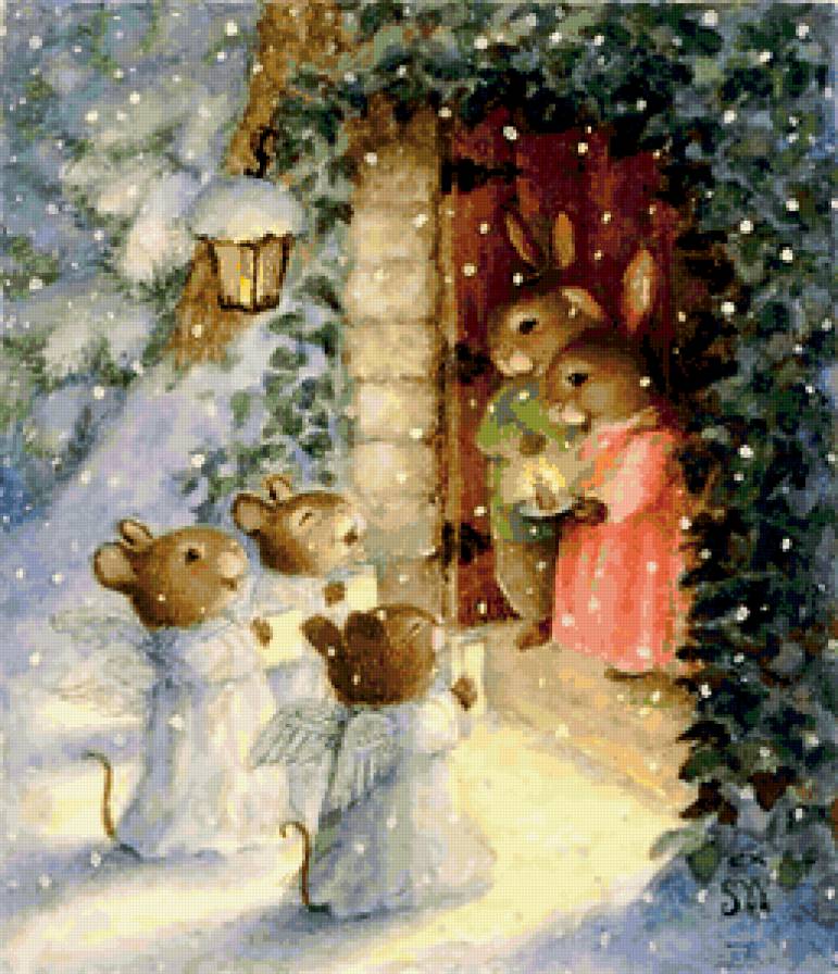 рождественские зайцы 3 - живопись, картина - предпросмотр