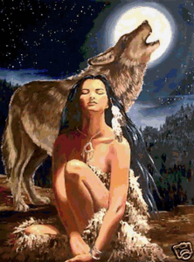 девушка и волк - индейцы, девушки, индейка, люди, волки, образ - предпросмотр