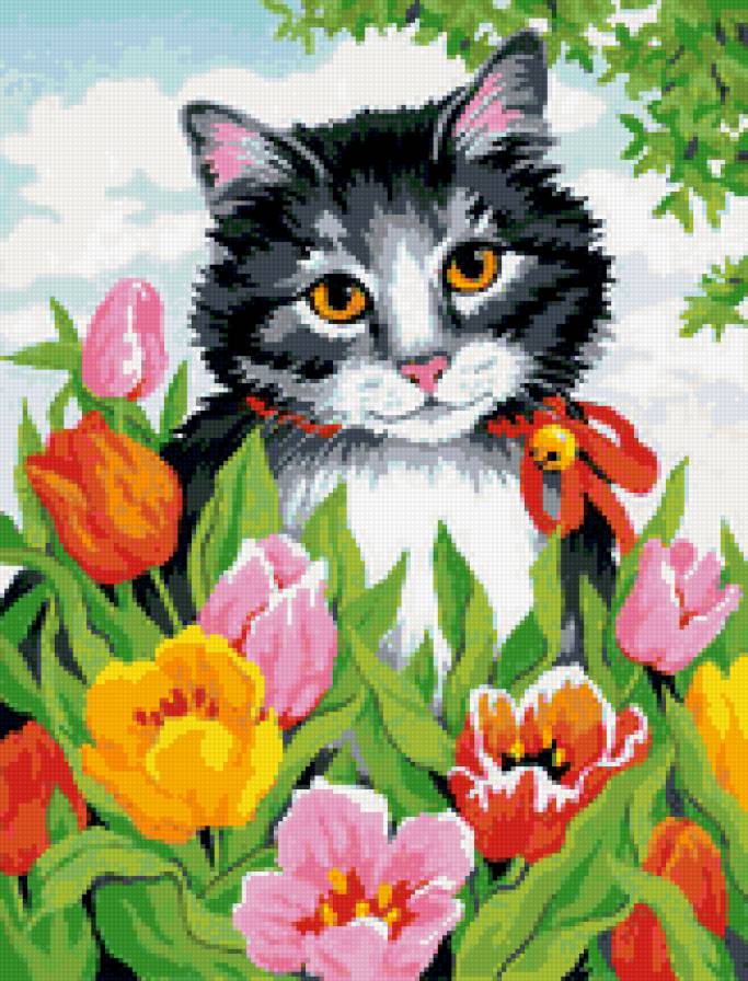 «Котик в тюльпанах» - кот, кошка, котик, киса в цветах, кошка в цветах - предпросмотр