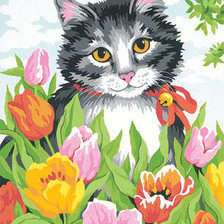 Оригинал схемы вышивки ««Котик в тюльпанах»» (№200092)