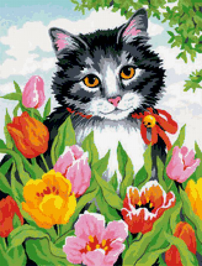 "Котик в тюльпанах 2" - киса в цветах, котик, кошка в цветах, кошка, кот - предпросмотр