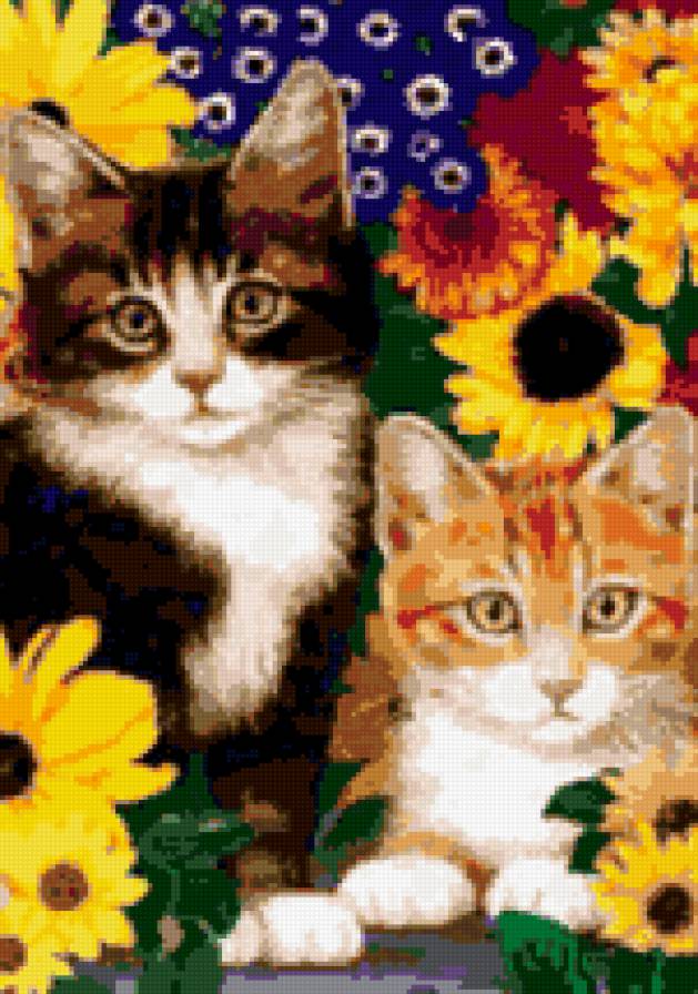 Кошки в цветах - кошка, киса в цветах, кошка в цветах, котик, кот - предпросмотр