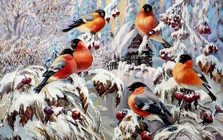 зимняя бесседа - птицы, зимний пейзаж, времена года, зима, синички - оригинал
