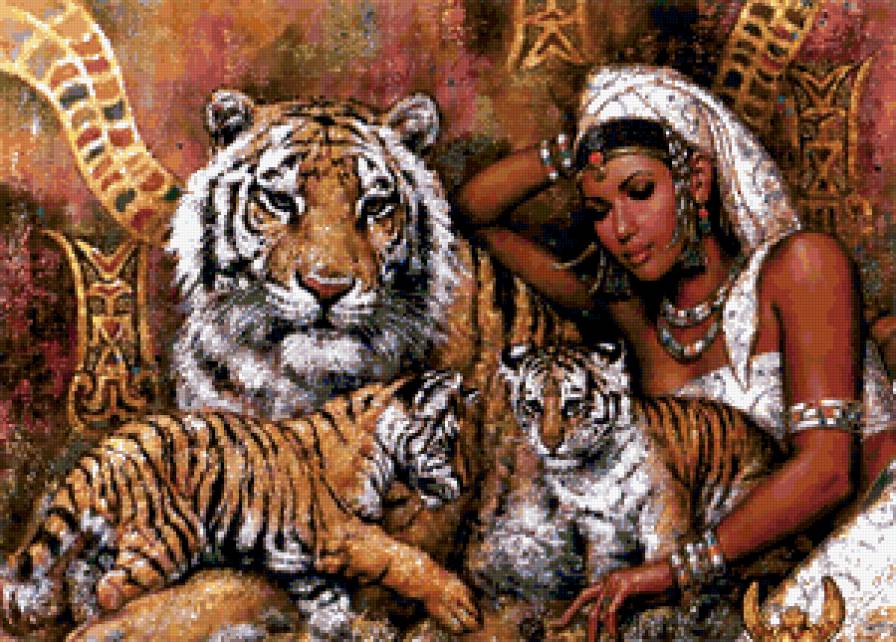 девушка и тигры - образ, девушки.принцесса, живопись, тигренок, карл банг, тигр, тигрята - предпросмотр
