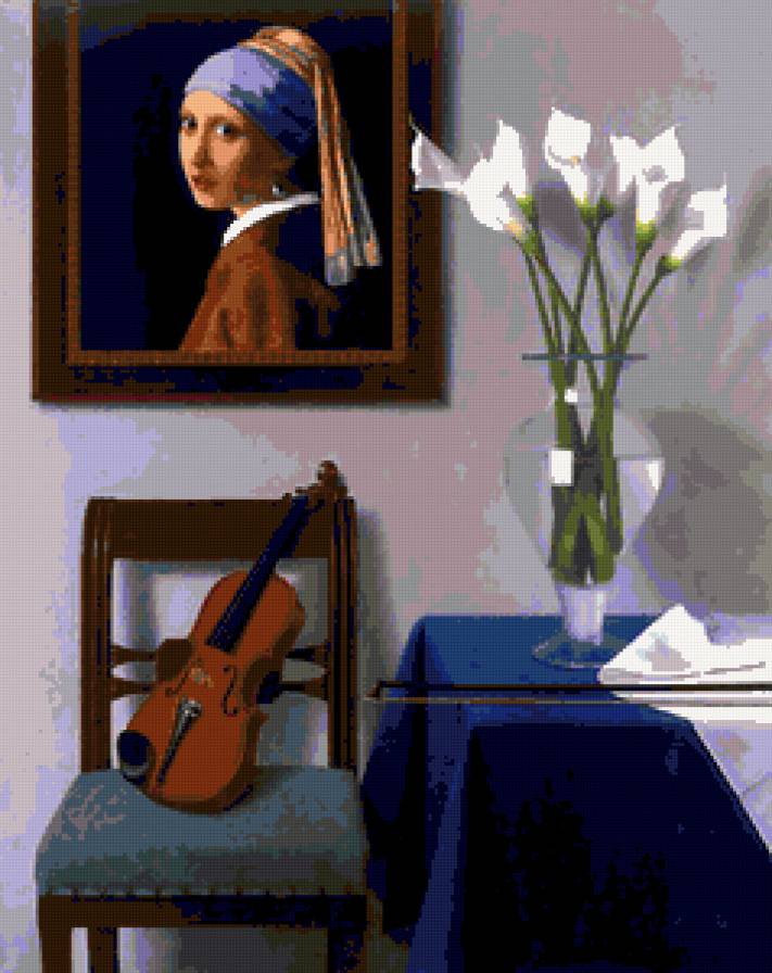 №200948 - цветы, скрипка, картина, букет, портрет - предпросмотр