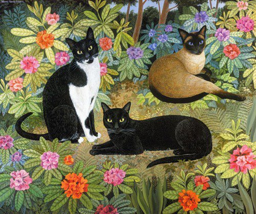 №200956 - цветы, кошки, картина - оригинал