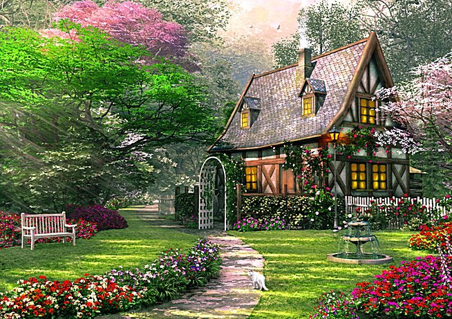 Дворик с фонтаном - сад, цветы, фонтан, дворик, лужайка, домик - оригинал