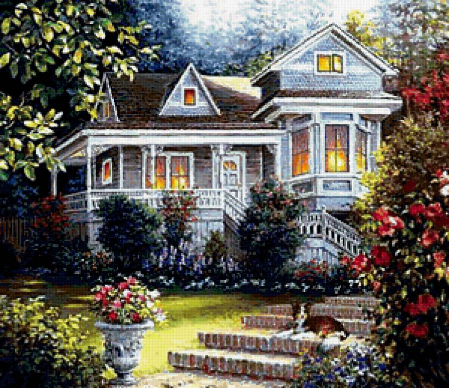 Загородный дом - двор, лестница, усадьба, вилла, цветы, сад, дом - предпросмотр