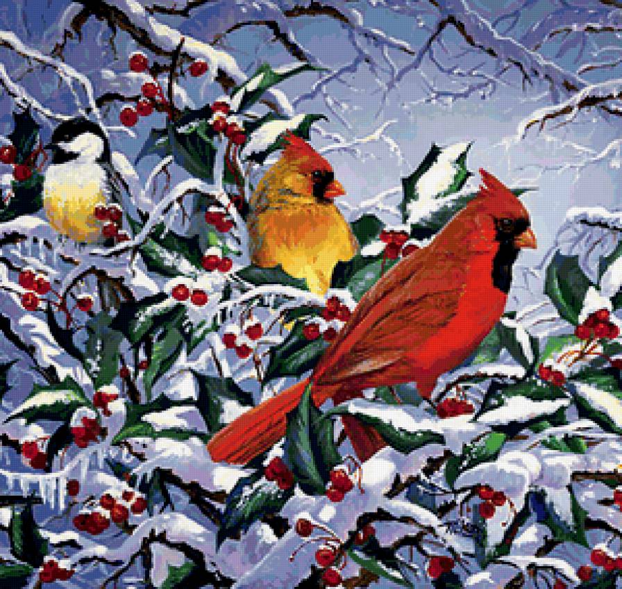 Птички и ягодки - зима, птички, ягодки - предпросмотр