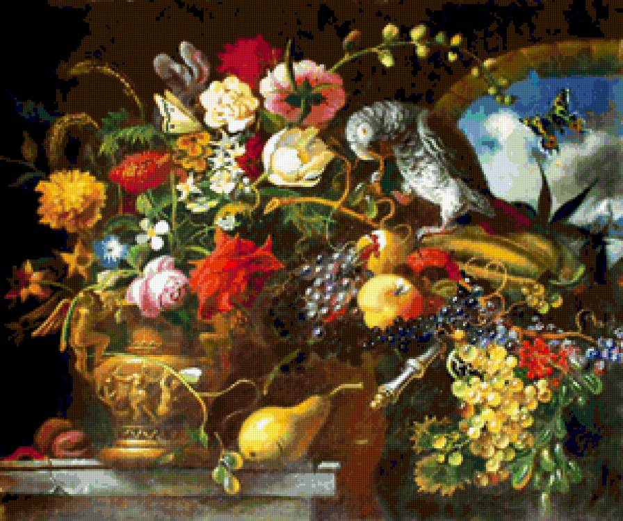 Натюрморт с музыкантом. Триптих, левая часть - триптих, букеты, цветок, цветы, живопись, натюрморт, букет - предпросмотр