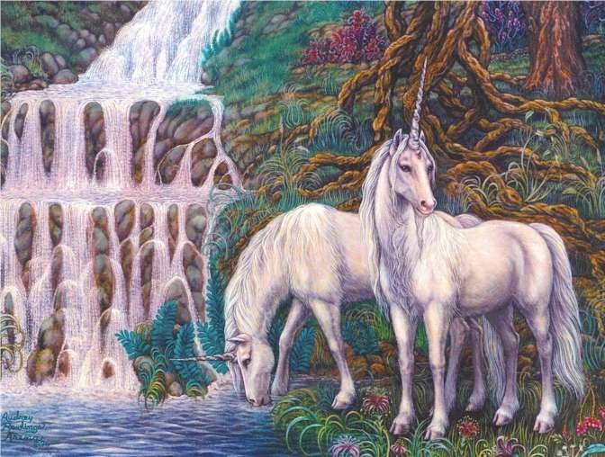 единороги - фентези, сказка, водопад, волшебство, миф, единорог, лошади, природа - оригинал