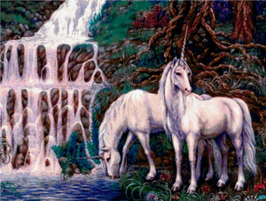 единороги - водопад, единорог, фентези, лошади, сказка, миф, природа, волшебство - предпросмотр