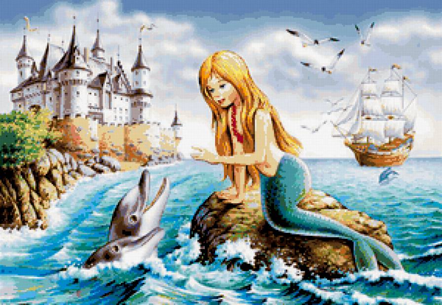 дельфины и русалка - море, чайки, пейзаж, корабль, русалки, мифология, сказка, дельфин - предпросмотр