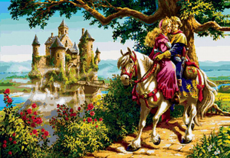 картина - замок, романтика, пара, двое, природа, любовь, сказка, лошадь - предпросмотр