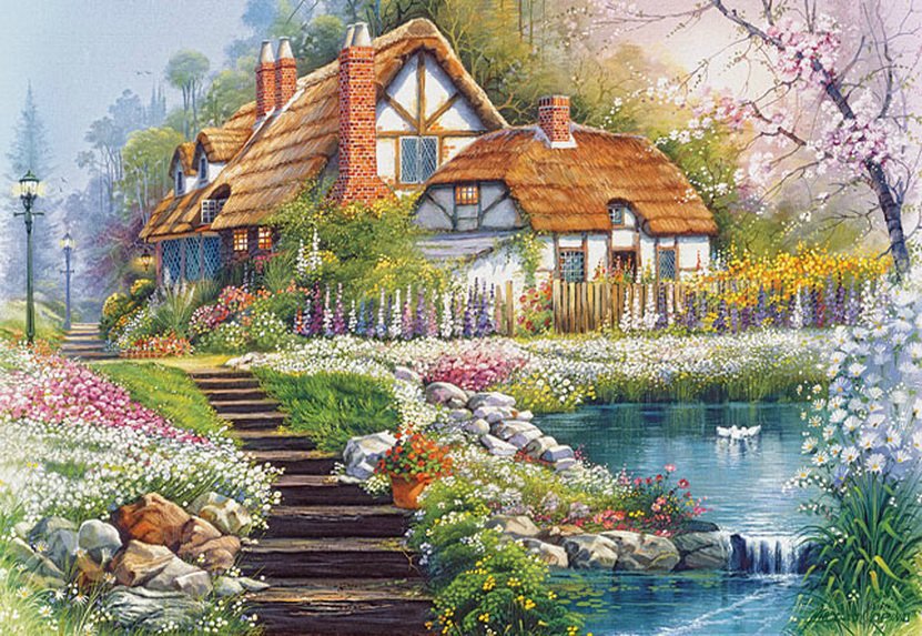 сказочный домик - пруд, цветы, природа, пейзаж, сказка, дом - оригинал