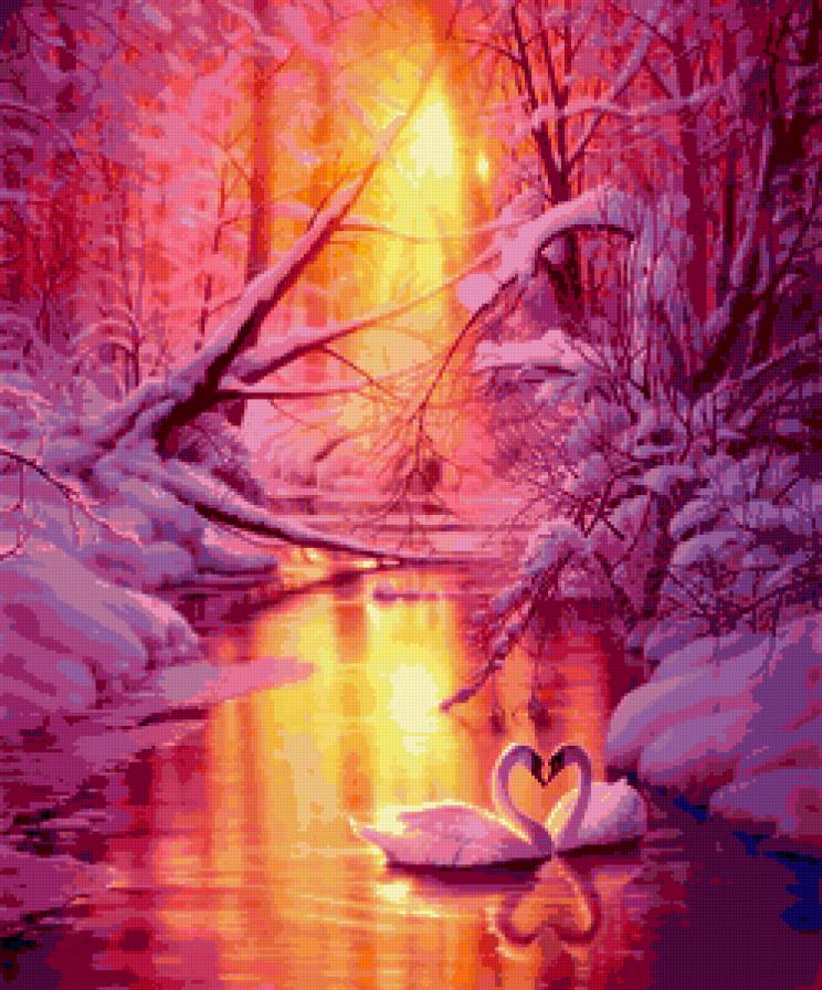 лебеди - закат, сердечко, любовь, лебедь, пруд, природа, зима - предпросмотр