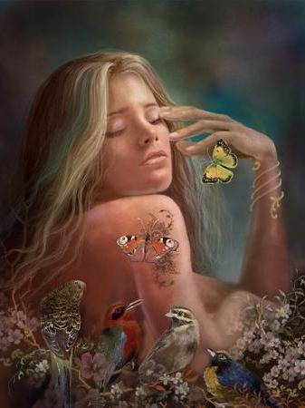 девушка - цветы, птицы, картина, любовь, девушка, бабоч красота, одиночество - оригинал