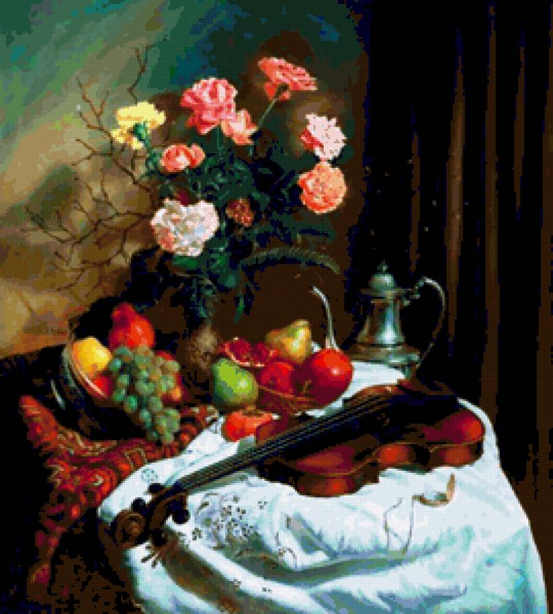 6757643 - музыка, цветы, розы, ваза, скрипка, фрукты, роза, букет - предпросмотр