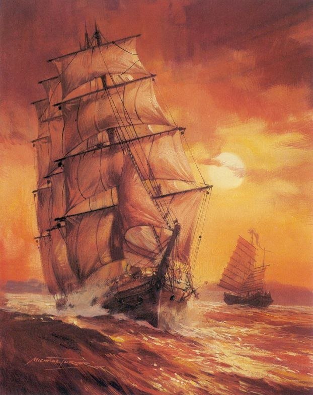 Парусник на закате - парусник, море, закат, корабль - оригинал