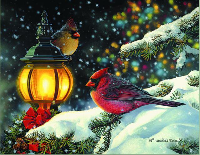птицы - картина, птицы, фонарь, лес, природа, ночь, зима - оригинал