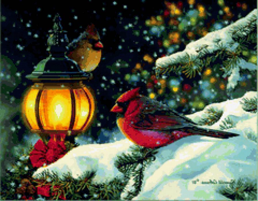 птицы - природа, картина, птицы, ночь, фонарь, зима, лес - предпросмотр