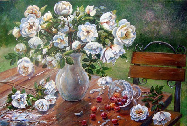 розы на столе - стол, вишни, розы, натюрморт, ваза, стул - оригинал