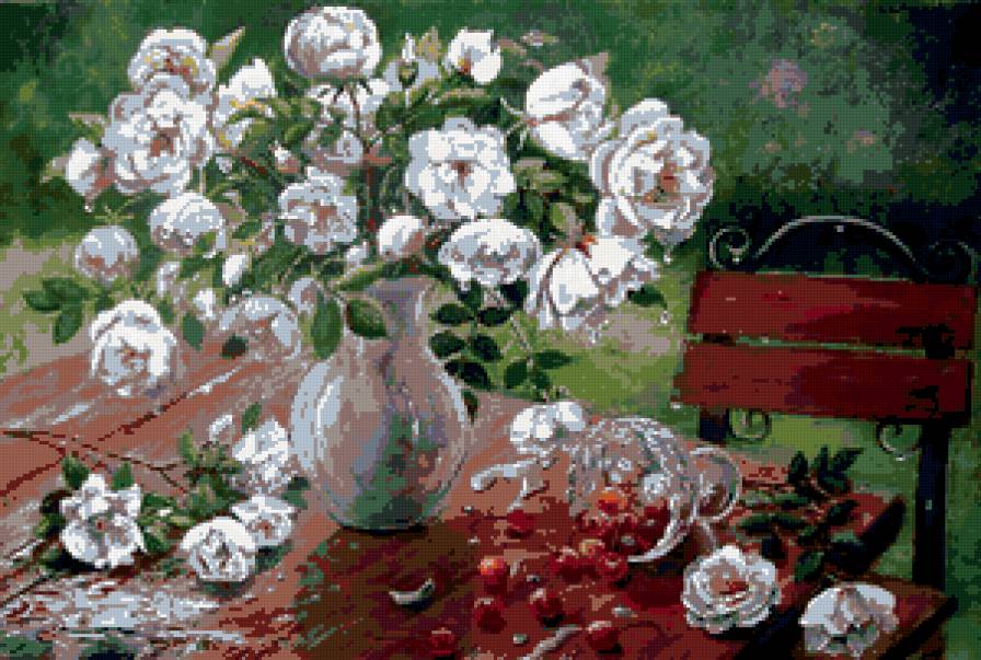 розы на столе - стул, натюрморт, ваза, стол, вишни, розы - предпросмотр