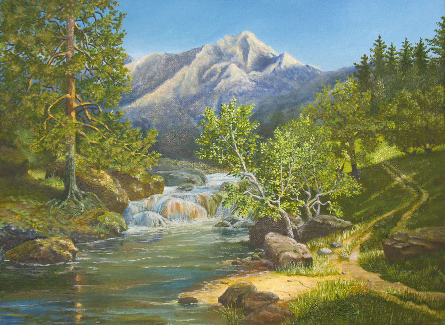 горный пейзаж - пейзаж, деревья, водопад, гора, река - оригинал