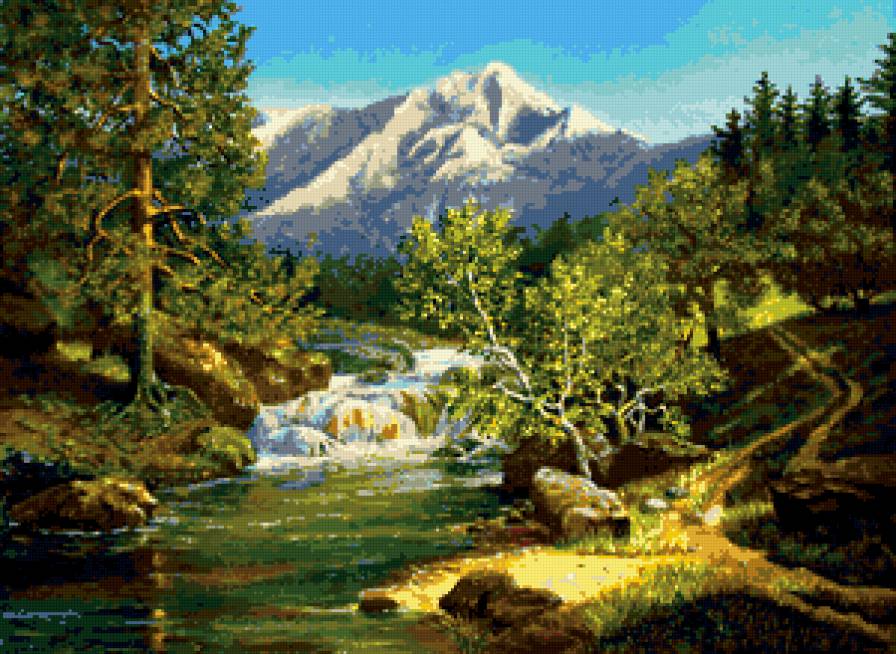 горный пейзаж - река, пейзаж, деревья, водопад, гора - предпросмотр