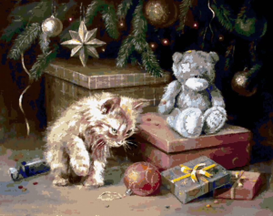 кот и мишка - мишка, елочный шарик, подарок, кот, новый год, елка - предпросмотр