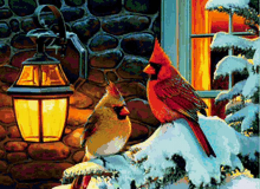 птицы - фонарь, ночь, зима, картина, птицы, природа, лес - предпросмотр
