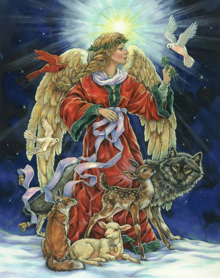 рождественский ангел - животные, ангелы, голубь, зима, волк, барашек, рождество, сказка, лиса - оригинал